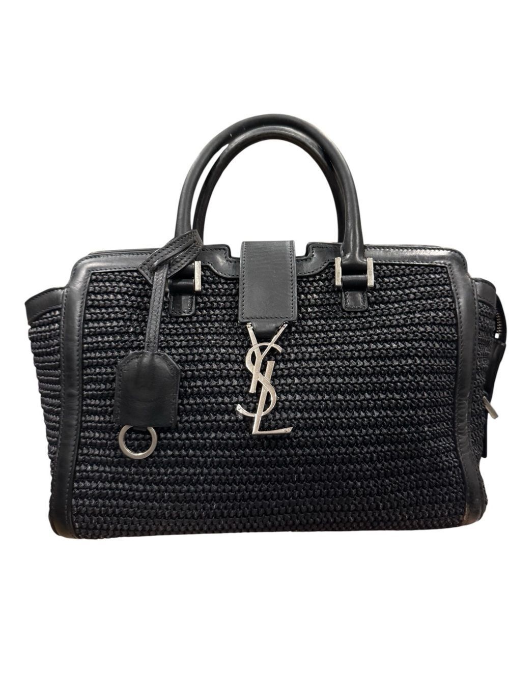 Saint Laurent Black Raffia & Leather Baby Downtown Cabas Bag Silver YSL Handbag